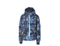 Kinder-Skijacke mit blauem Camouflage-Muster und neongelbem Reißverschluss.