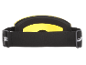Gelbe Skibrille mit schwarzem Gummiband, von hinten gesehen.