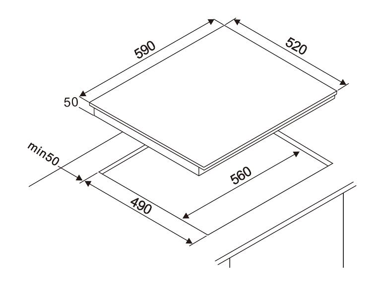 Technische Zeichnung eines Kochfelds mit Maßen: 590x520mm Oberfläche, 560x490mm Ausschnitt und 50mm Tiefe.