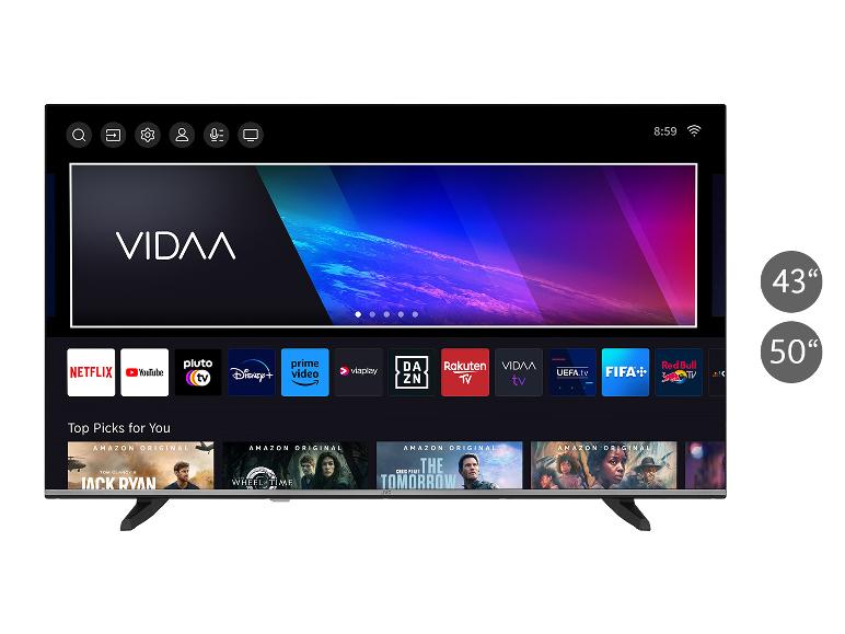 JVC Fernseher mit VIDAA Startbildschirm, Apps wie Netflix und YouTube, in 43' und 50' erhältlich.