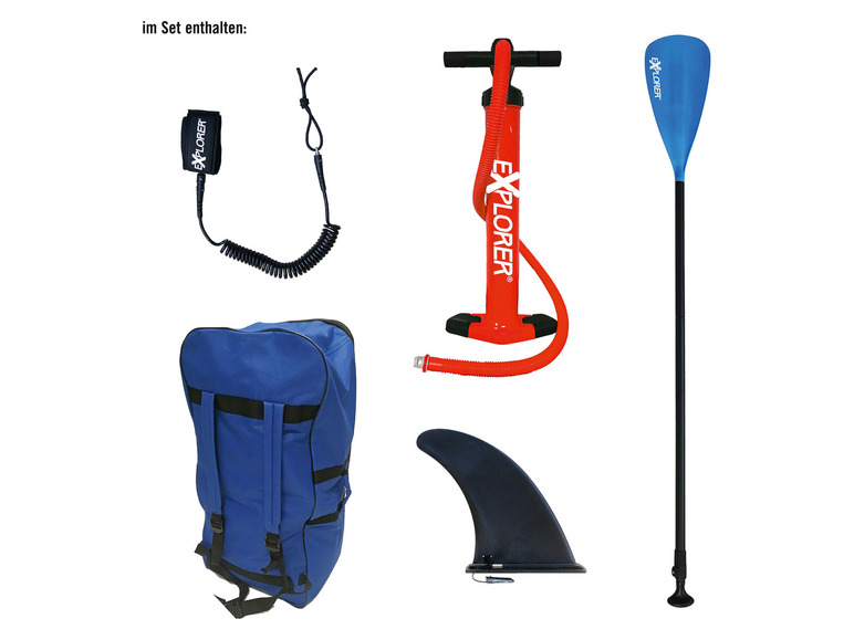 Ein Paddleboard-Set mit Paddel, Pumpe, Finne und Tragetasche.