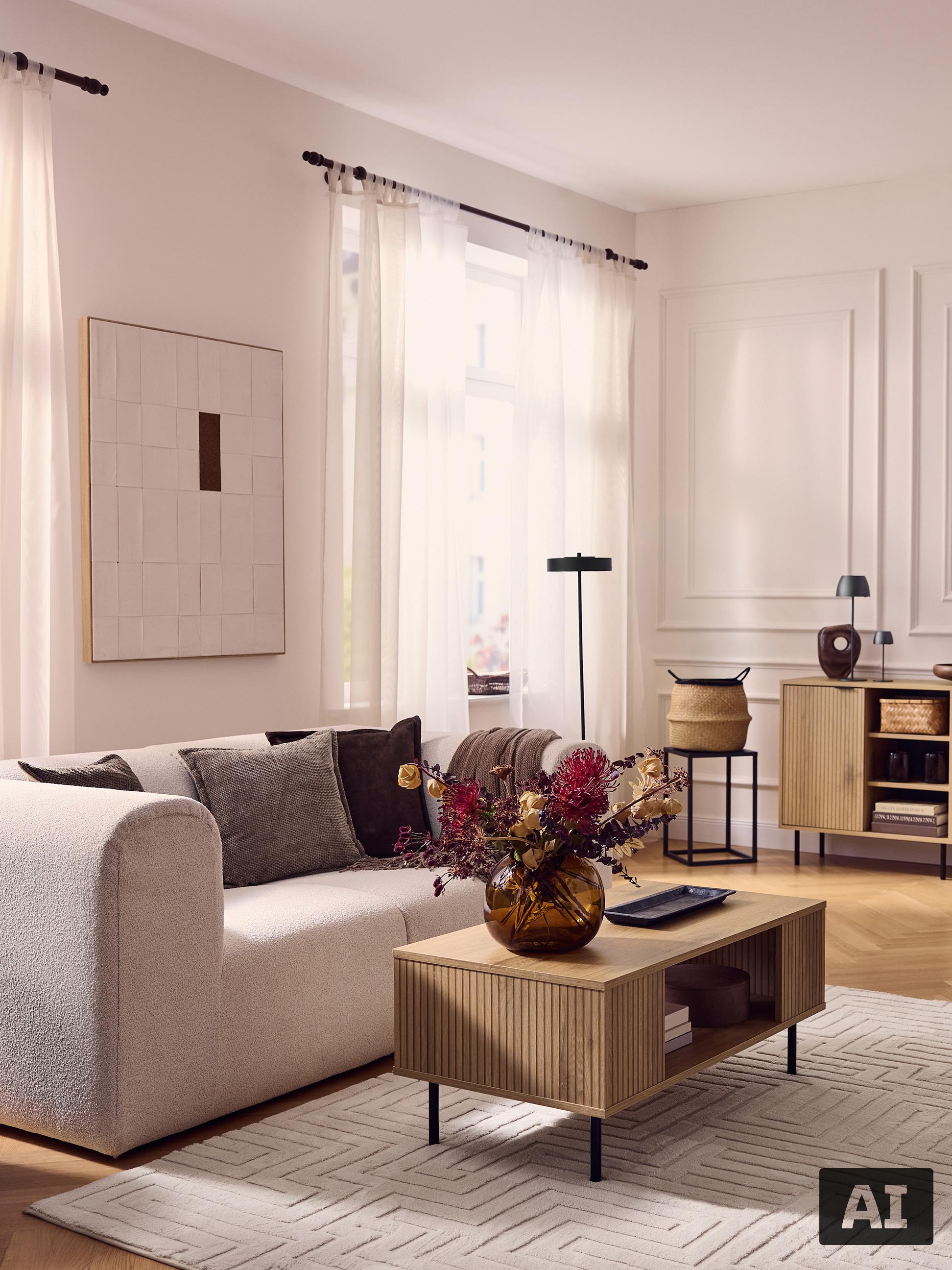 Wohnzimmer mit hellem Sofa, Couchtisch aus Holz und Blumen in einer Vase.