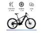 Schwarzes E-Mountainbike mit Spezifikationen: Körpergröße 165-190cm, Radgröße 29 Zoll, 10 Gänge.