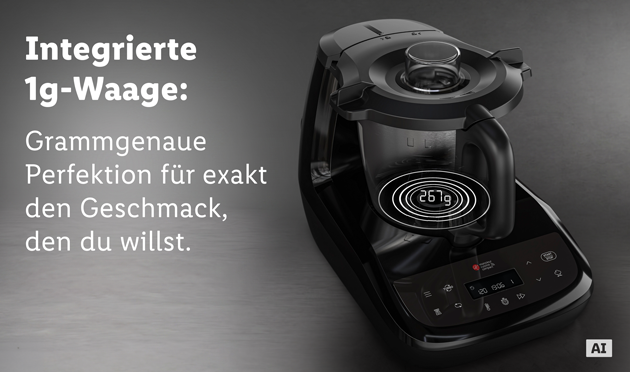 Monsieur Cuisine compact neben einem Tablet mit geöffneter Monsieur Cuisine App, die Guided Cooking Anweisungen anzeigt. (Mit KI-Wasserzeichen)