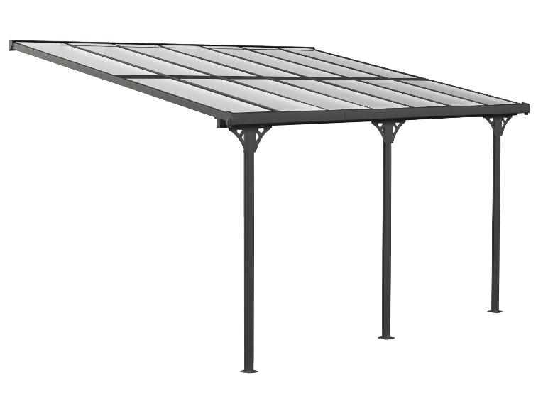 Graues Polycarbonat-Anlehnvordach mit drei Stützpfosten auf weißem Hintergrund