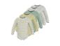 Langärmelige Baby-Bodys in Pastelltönen: gestreiftes Gelb, Gelb, Mintgrün und Grau.