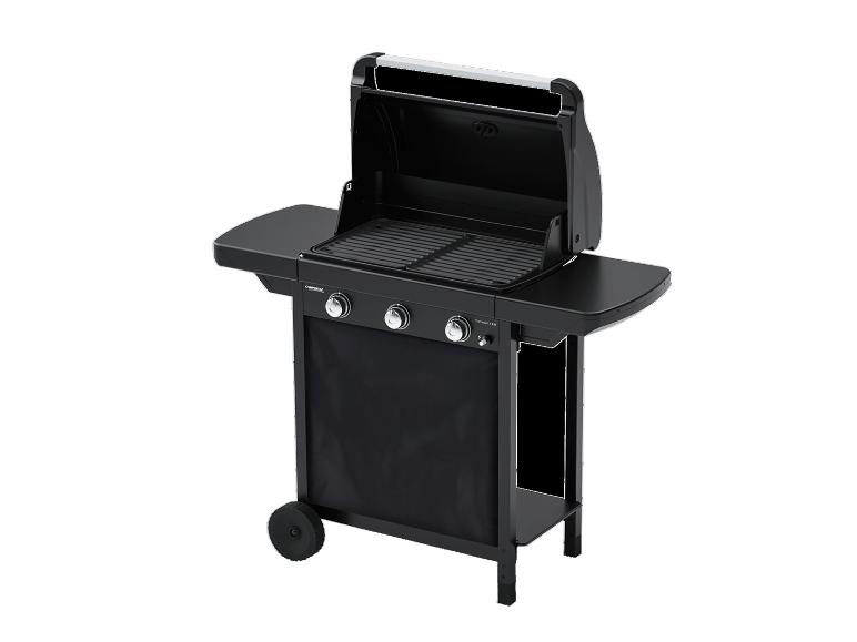 Schwarzer Gasgrill mit offenem Deckel, Seitenablagen und Rädern.
