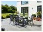 Garten-Essgruppe mit schwarzem Tisch und sechs Stühlen mit grünen Kissen auf einer Terrasse.