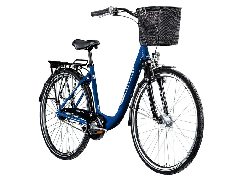 Ein blaues Fahrrad mit einem Korb vorne