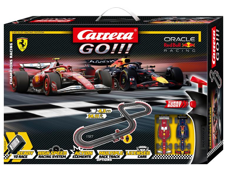 Carrera GO!!! Champions Racing Autorennbahn-Set Verpackung mit Ferrari und Red Bull F1-Autos.