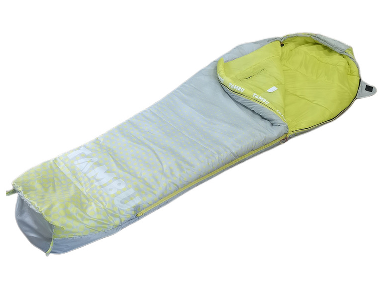 Ein grauer Schlafsack mit gelben Punkten und der Marke Tambu.