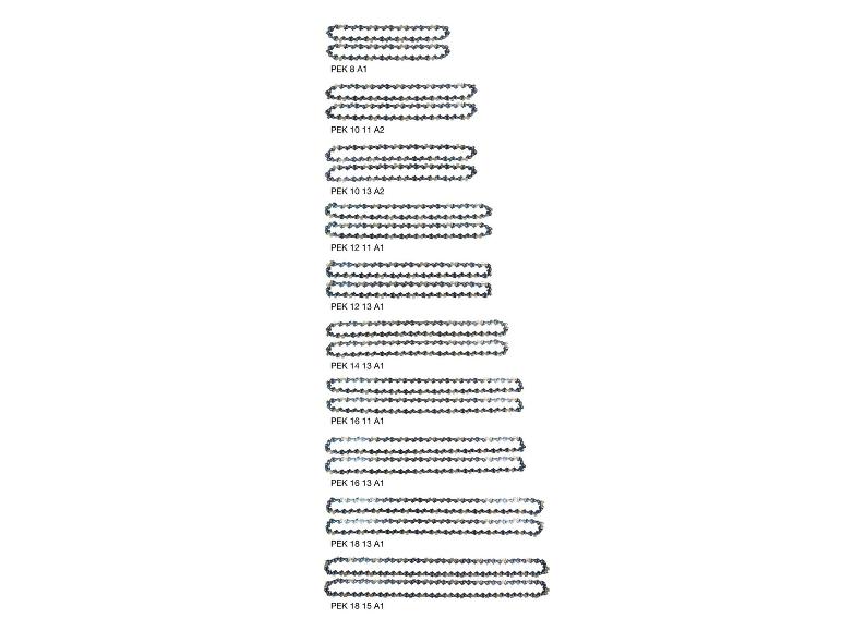 Verschiedene Sägeketten in unterschiedlichen Größen mit Produktcodes.