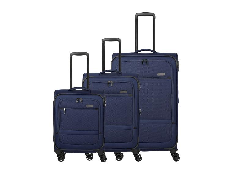Drei marineblaue Weichschalenkoffer in verschiedenen Größen, mit ausziehbaren Griffen und Rollen.