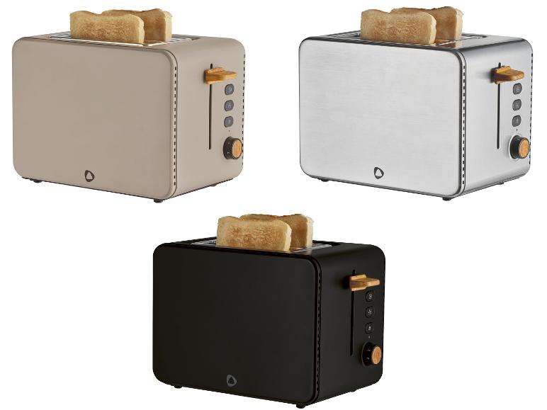 2-Schlitz-Toaster in Beige, Edelstahl und Schwarz mit Holzdetails.