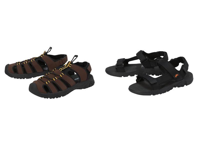 Zwei Paar Herren-Sandalen: braune Zehenschutzkappen und schwarze offene Sandalen.