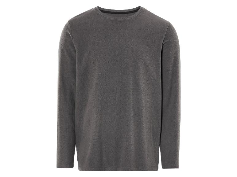 Ein grauer Fleece-Pullover mit langen Ärmeln.