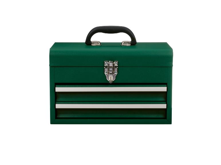 Grüner Werkzeugkasten mit zwei Schubladen und schwarzem Griff