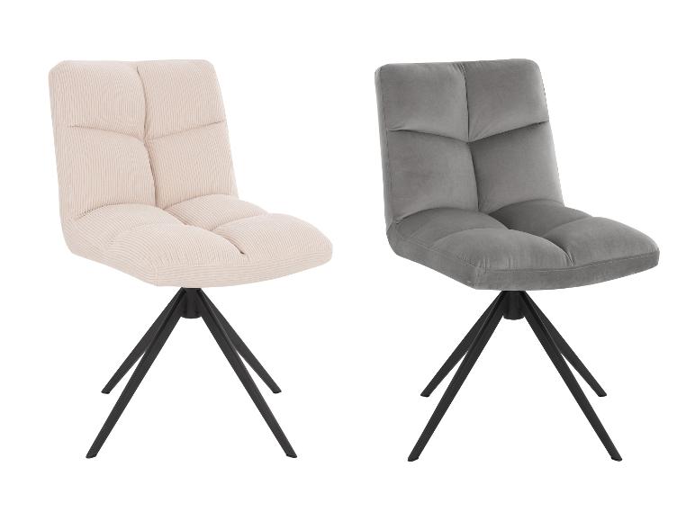 Zwei drehbare Esszimmerstühle, einer aus beigem Cord und einer aus grauem Samt