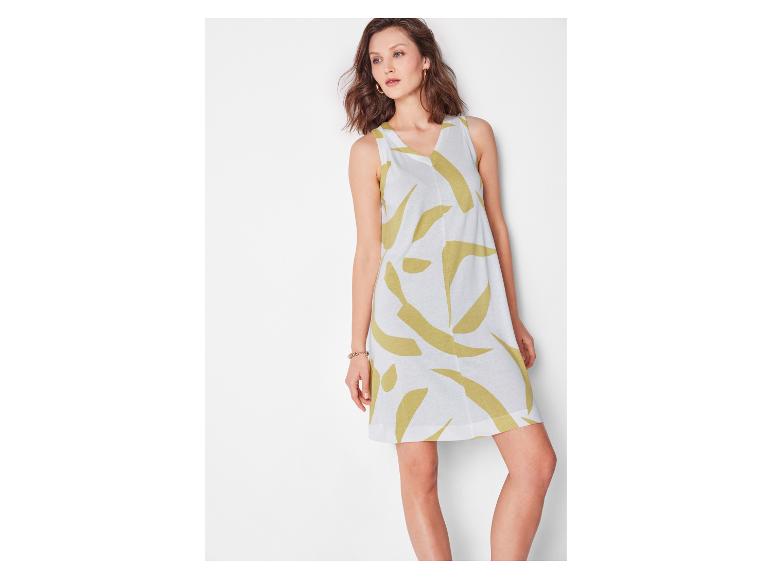 Weißes ärmelloses Kleid mit abstraktem olivgrünem Druck.