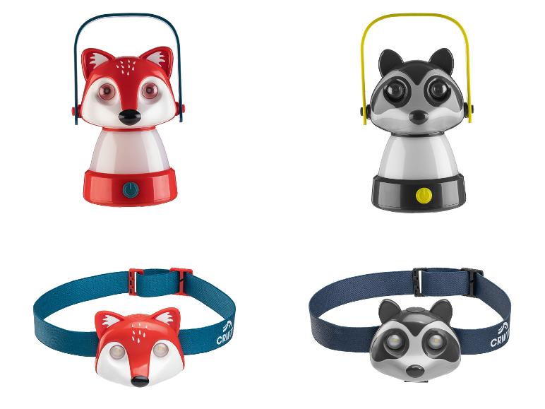 Crivit-Lampen und Stirnlampen mit Fuchs- und Waschbär-Motiv.