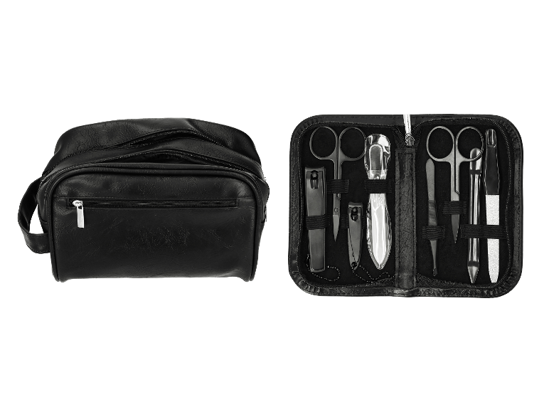 Schwarze Kulturtasche und Maniküre-Set mit verschiedenen Werkzeugen