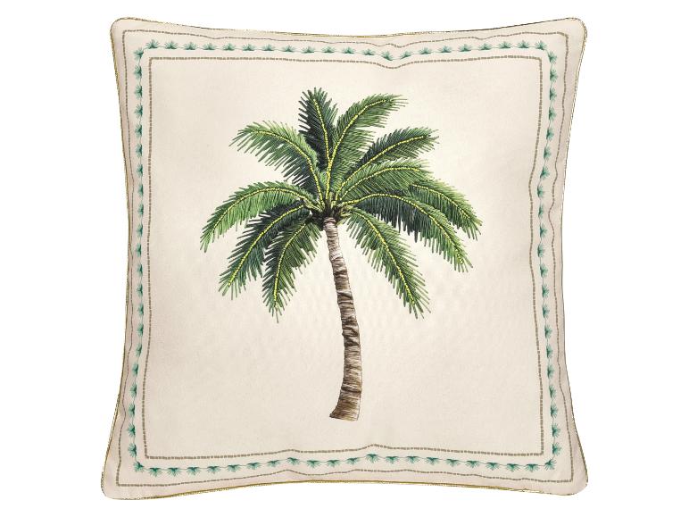 Cremefarbenes Kissen mit gestickter Palme und grünem Rand