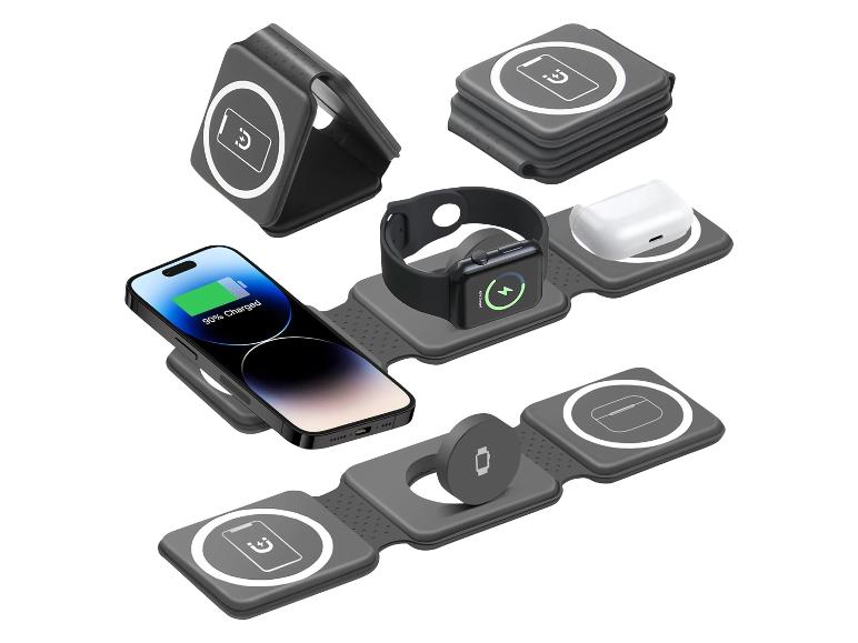 Faltbares 3-in-1 Wireless-Ladegerät für iPhone, Apple Watch und AirPods.