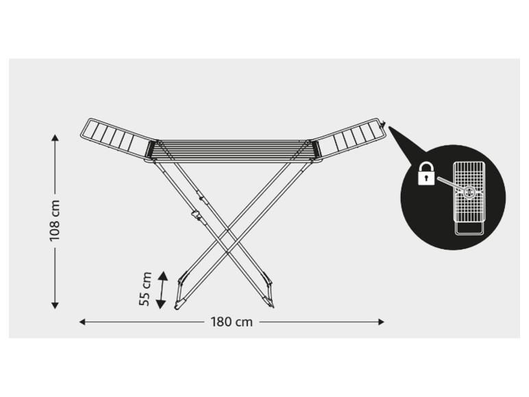 Ausgeklappter Wäscheständer mit Maßen 180 cm (Länge) x 108 cm (Höhe) und 55 cm (Breite).