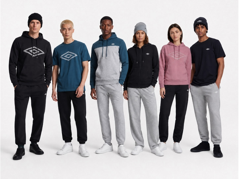 Sechs Models in Sportbekleidung, darunter Hoodies, T-Shirts und Jogginghosen.