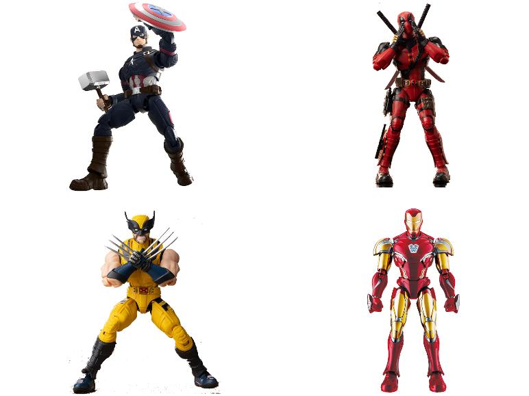 Actionfiguren von Captain America, Deadpool, Wolverine und Iron Man.