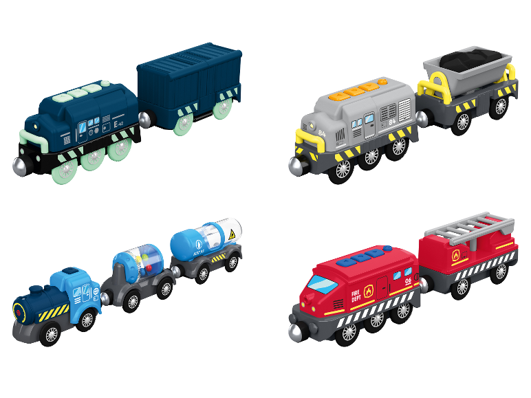 Vier bunte Spielzeugeisenbahnen: blauer Güterzug, grauer Kohlezug, blauer Tankzug und roter Feuerwehrtrain.