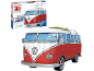 3D-Puzzle eines rot-weißen Campingbusses mit Surfbrett auf dem Dach und der dazugehörige Karton.