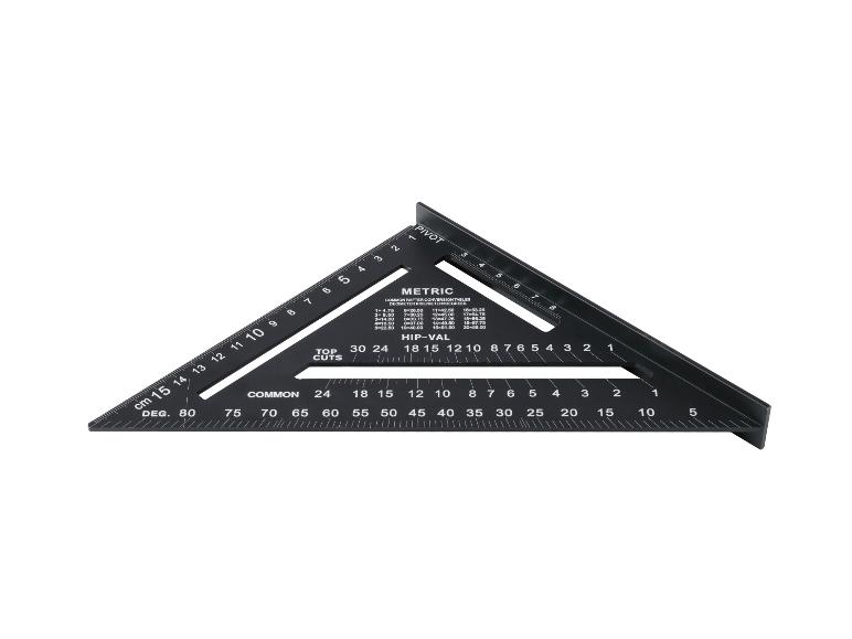 Schwarzer Winkelmesser mit metrischen und gängigen Sparrenumrechnungstabellen.