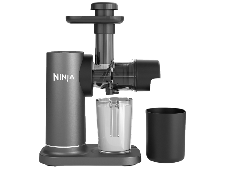 Slow Juicer mit transparentem Saftbecher und Tresterbehälter.