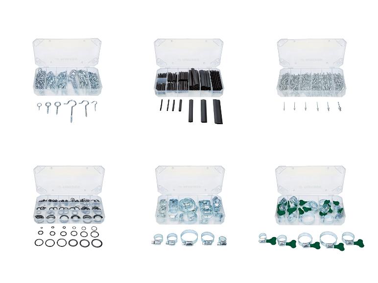 Sortierte Befestigungssets, darunter Haken, Nieten, O-Ringe und Klemmen.