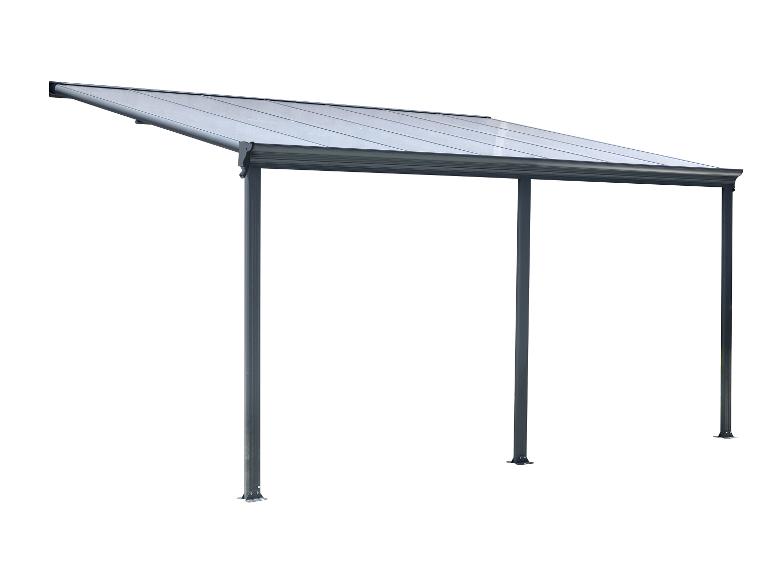 Graues Carport mit transparentem Dach und drei Stützpfosten.