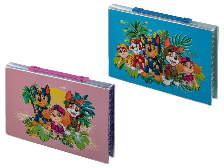 Zwei Paw Patrol Federmäppchen im tropischen Design: rosa und blau.