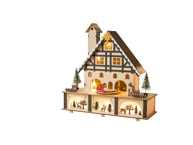Dekoratives Weihnachts-Holzhaus mit LED-Beleuchtung.