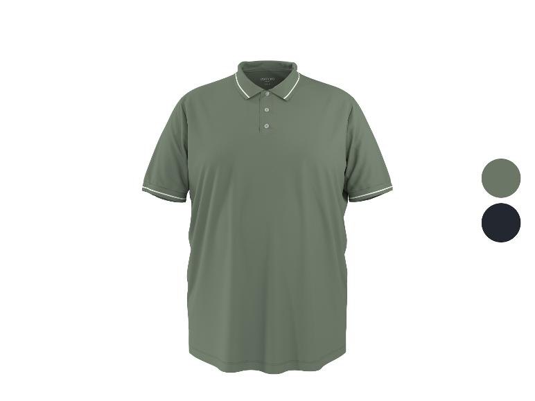 Herren-Poloshirt in Olivgrün mit weißen Streifen an Kragen und Ärmeln.