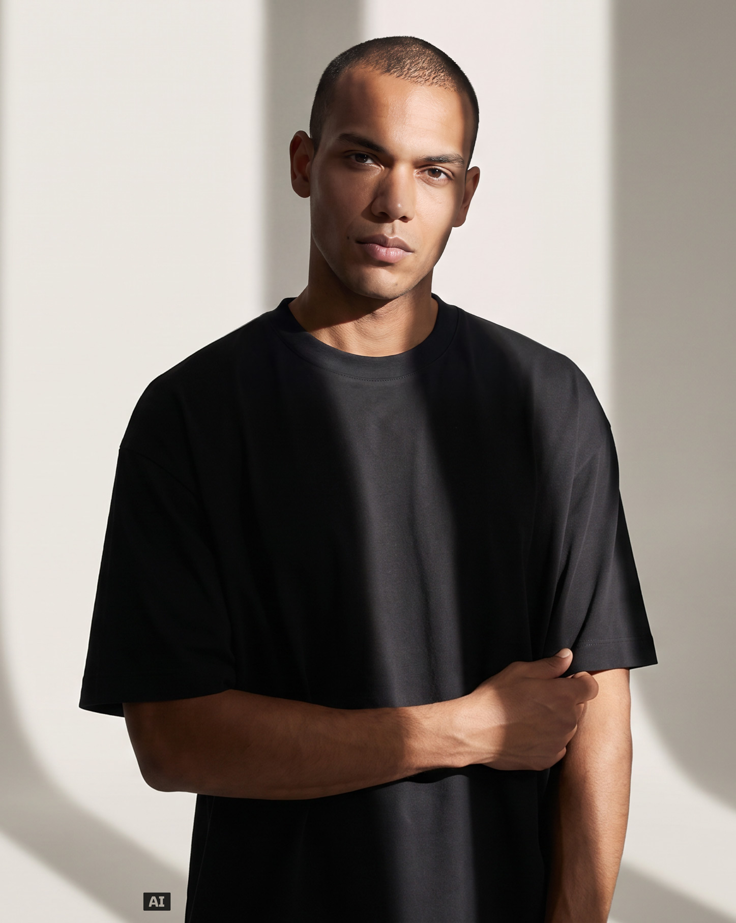 Dieses Bild ist KI-generiert: Ein männliches Model trägt das T-Shirt in der Farbe Schwarz.