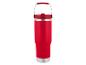 Rote Wasserflasche mit silbernem Boden und Griff.