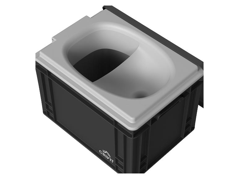 Tragbare Campingtoilette in Schwarz und Grau mit abnehmbarem Sitz.