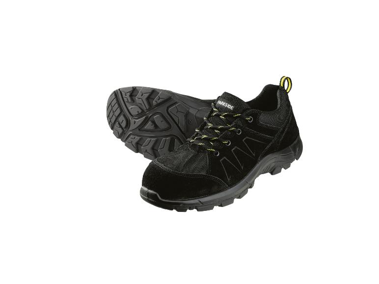 Schwarze Sicherheitsschuhe mit gelben Details und rutschfester Sohle.