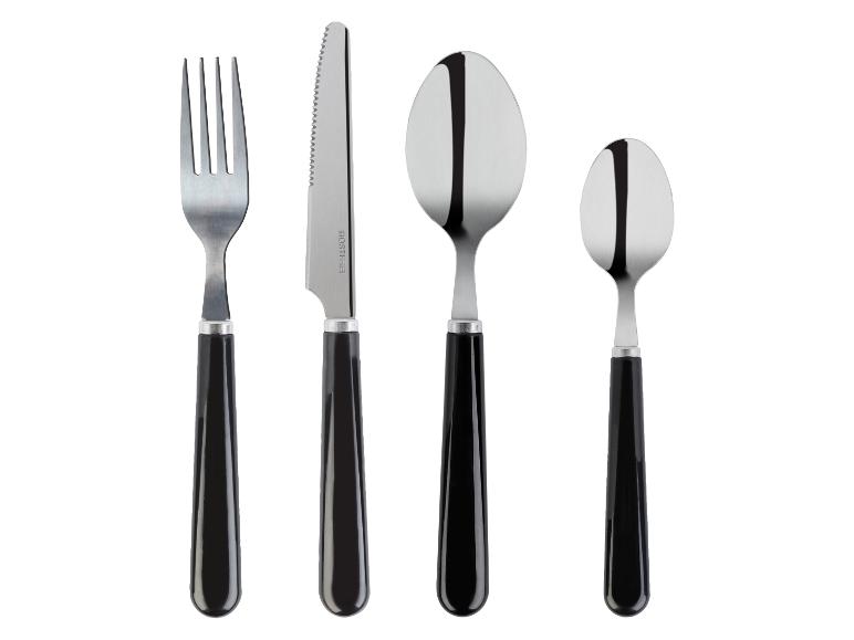 Messer, Gabel und zwei Löffel aus Edelstahl mit schwarzen Griffen.