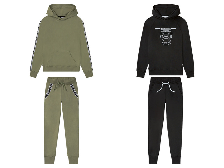 Zwei Kapuzenpullover-Trainingsanzüge, einer in Grün mit #NYCITY#SK-Druck und einer in Schwarz mit 'Modern Society'-Logo.