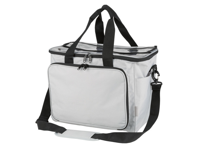 Eine graue Kühltasche mit Tragegriff und Schultergurt.