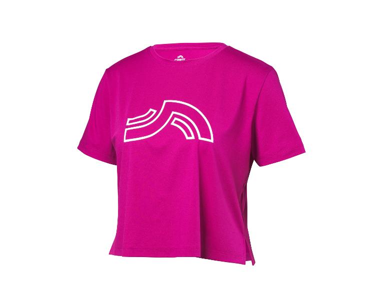 Fuchsiafarbenes Crivit Sport-T-Shirt mit kurzen Ärmeln und weißem Logo auf der Vorderseite.