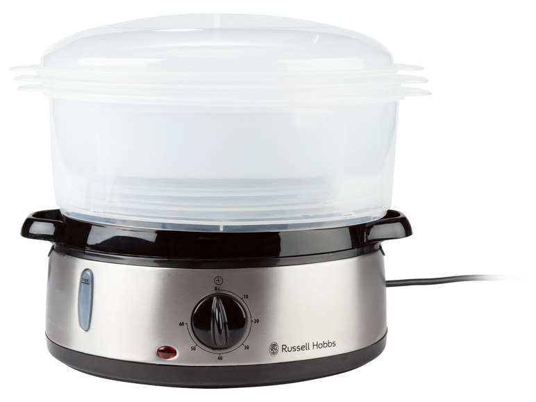 Ein Edelstahl-Dampfgarer mit Glasdeckel von Russell Hobbs.