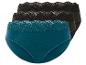 Drei Paar Damen-Slips mit Spitze, in den Farben Grün und Schwarz.
