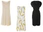 Drei Sommerkleider für Damen: hellbeige, weiß mit gelbem Muster und schwarz.